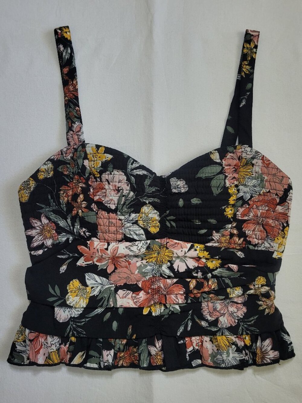 BOG Collective Black Floral Smocked Ruffle Crop Top Tank Small Boho - Picture 2 of 9
